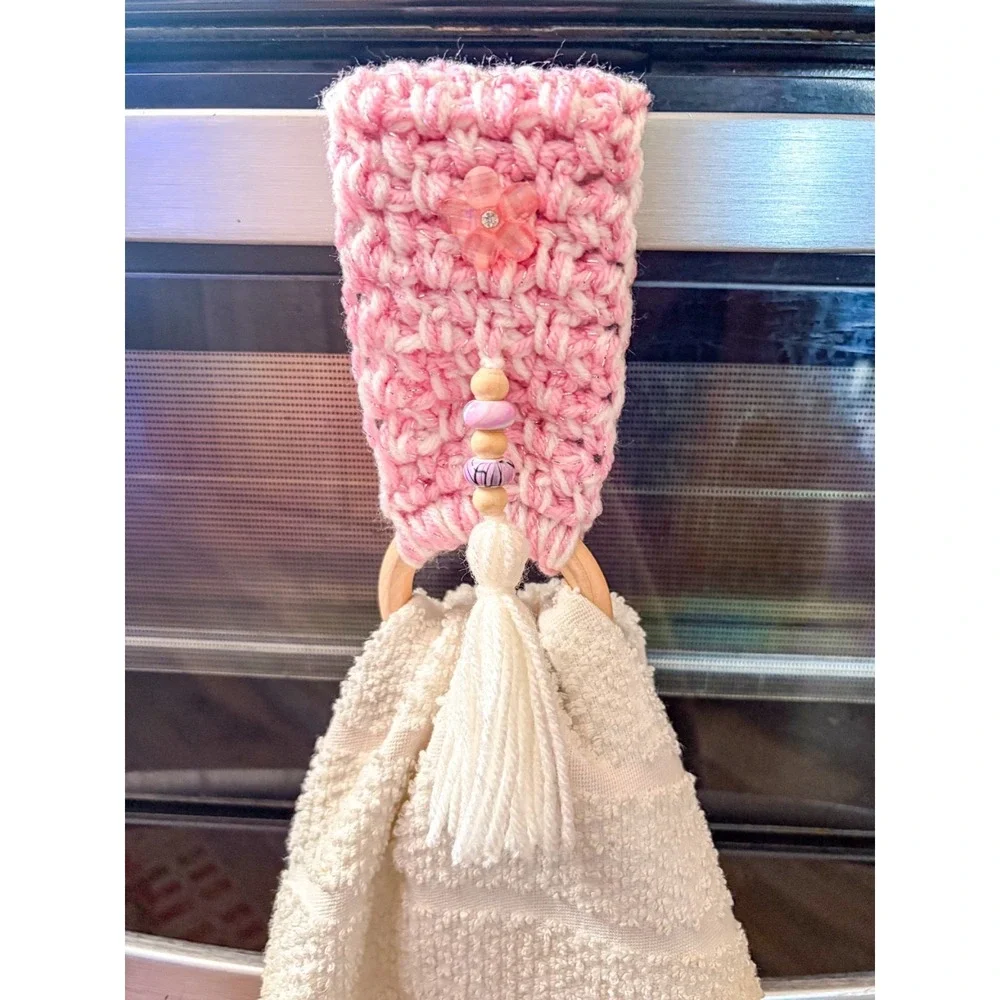 Crochet Handmade Kitchen Dish Towel Holder Pink with Button Wood Ring